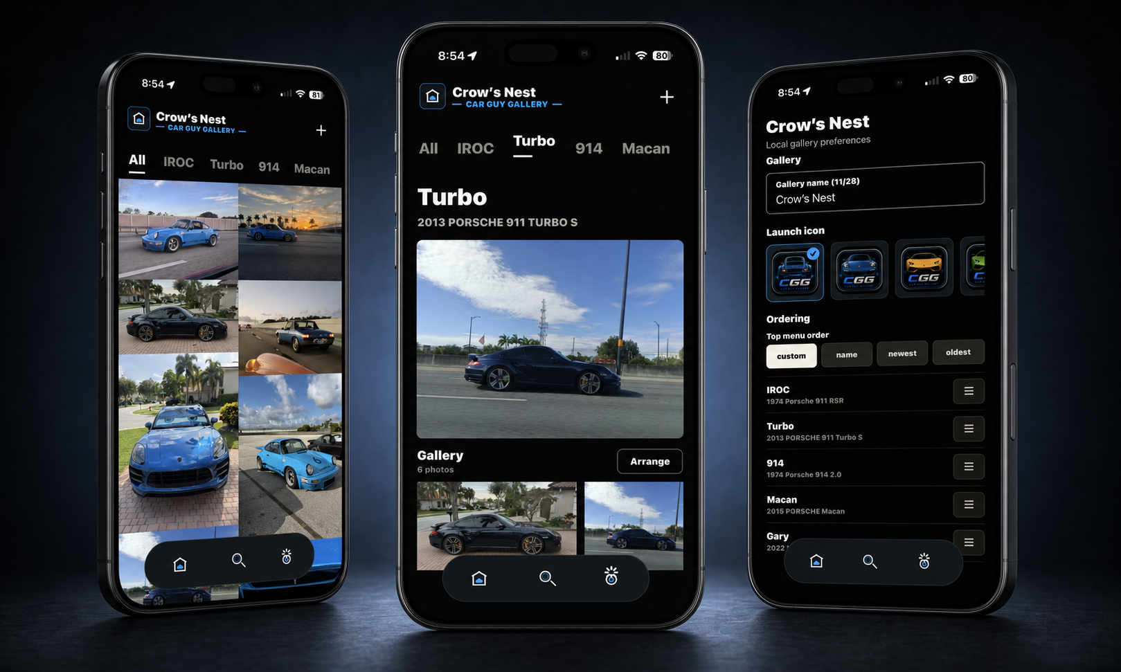 Car Guy Gallery showing the real garage gallery, vehicle detail, and settings screens