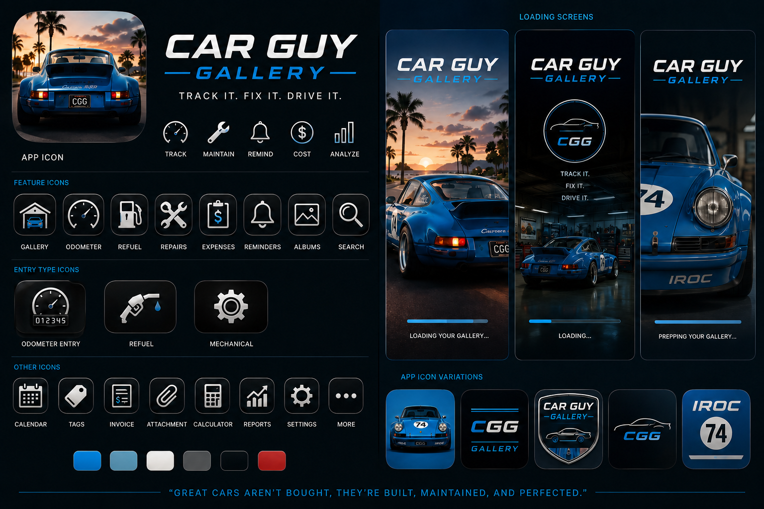 Car Guy Gallery branding, app icon artwork, feature icons, and loading screen designs